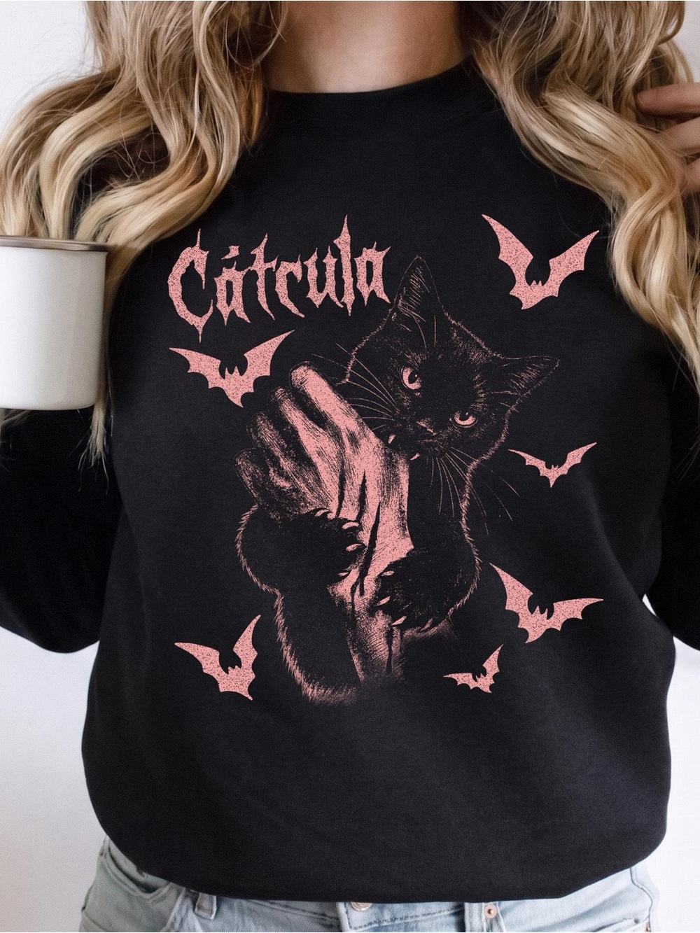 Cat Dracula Halloween Funny Graphic Sweatshirt - Black Unisex
